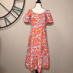 Talbots Petite Dress 4P NWT Blue & Orange Floral Puffed Short Sleeves Midi